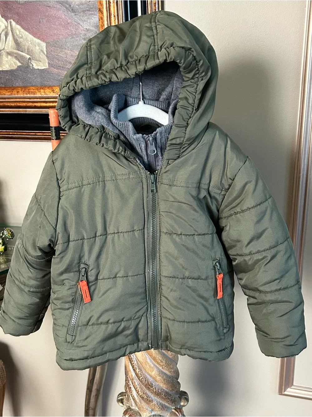 Rothschild Toddler Hooded Puffer Jacket Olive Gray Layered Utility Coat 2T